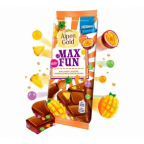 Шоколад «Alpen Gold» Max Fun манго, ананас, взрывная карамель, шипучие шарики, 150г